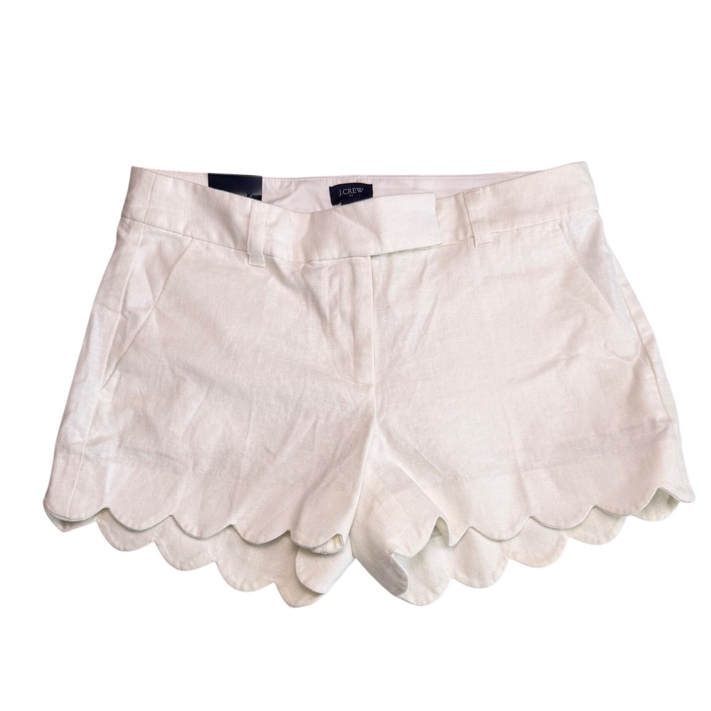 J.Crew White Scalloped Hem 4" Chino Shorts‎ Linen Cotton Blend Womens Size 2 NEW